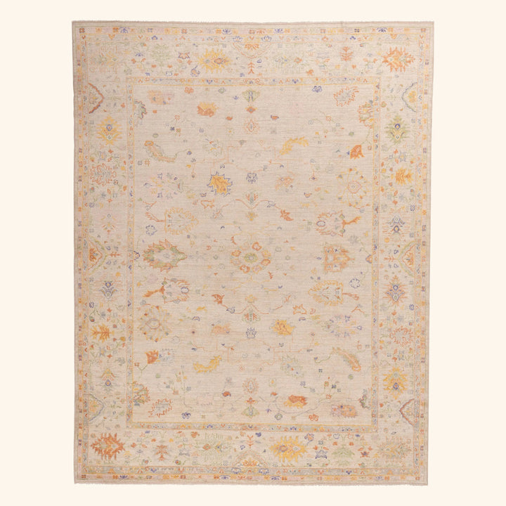 Beige Traditional Turkish Oushak Wool Rug - 9' x 11'7"