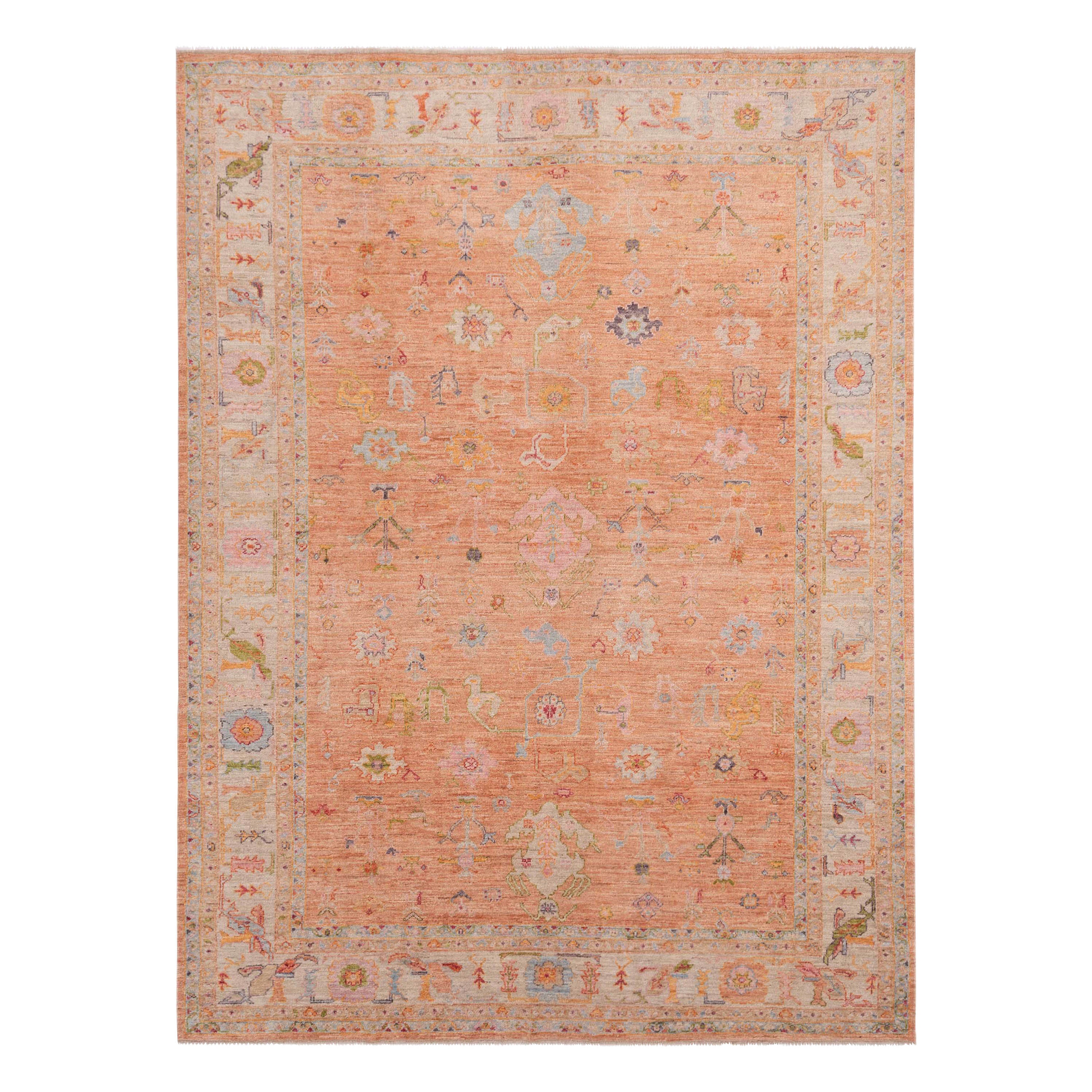 Orange Traditional Turkish Oushak Wool Rug - 10'1" x 14'