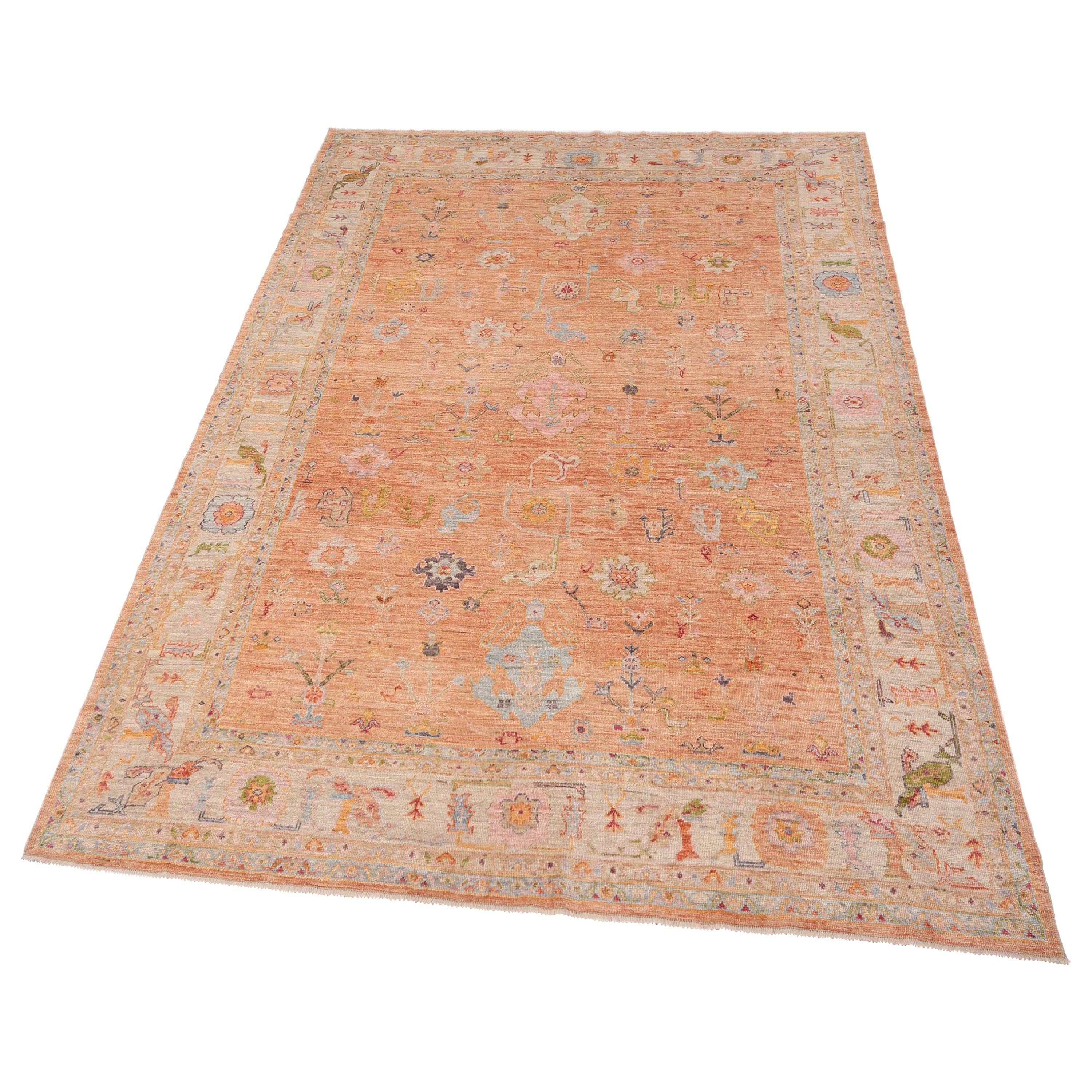 Orange Traditional Turkish Oushak Wool Rug - 10'1" x 14'