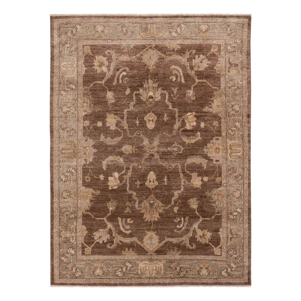 Brown Traditional Turkish Oushak Wool Rug - 6'1" x 8'5"