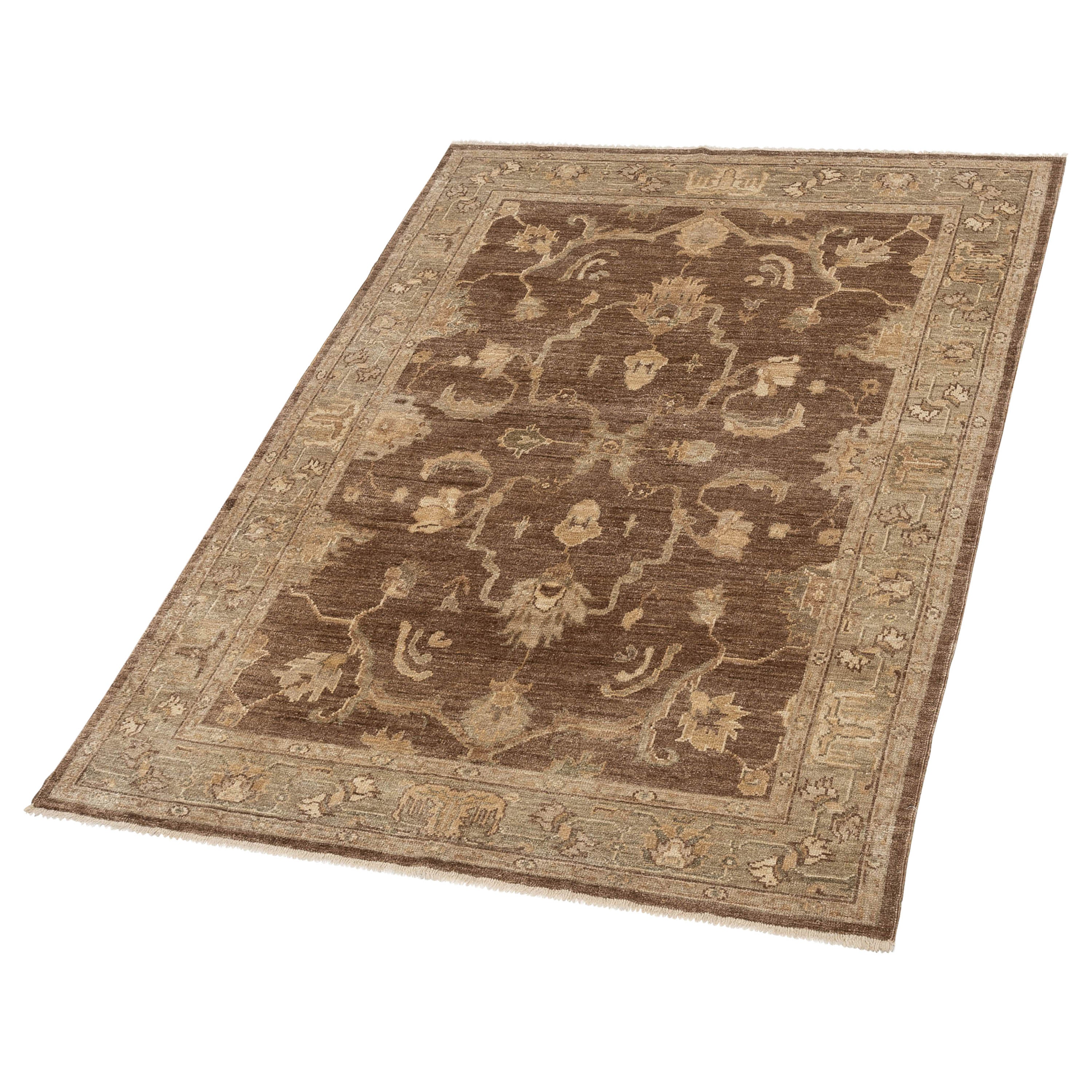 Brown Traditional Turkish Oushak Wool Rug - 6'1" x 8'5"