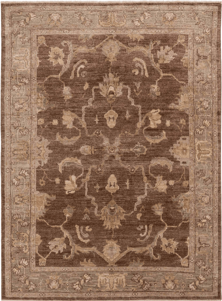 Brown Traditional Turkish Oushak Wool Rug - 6'1" x 8'5"