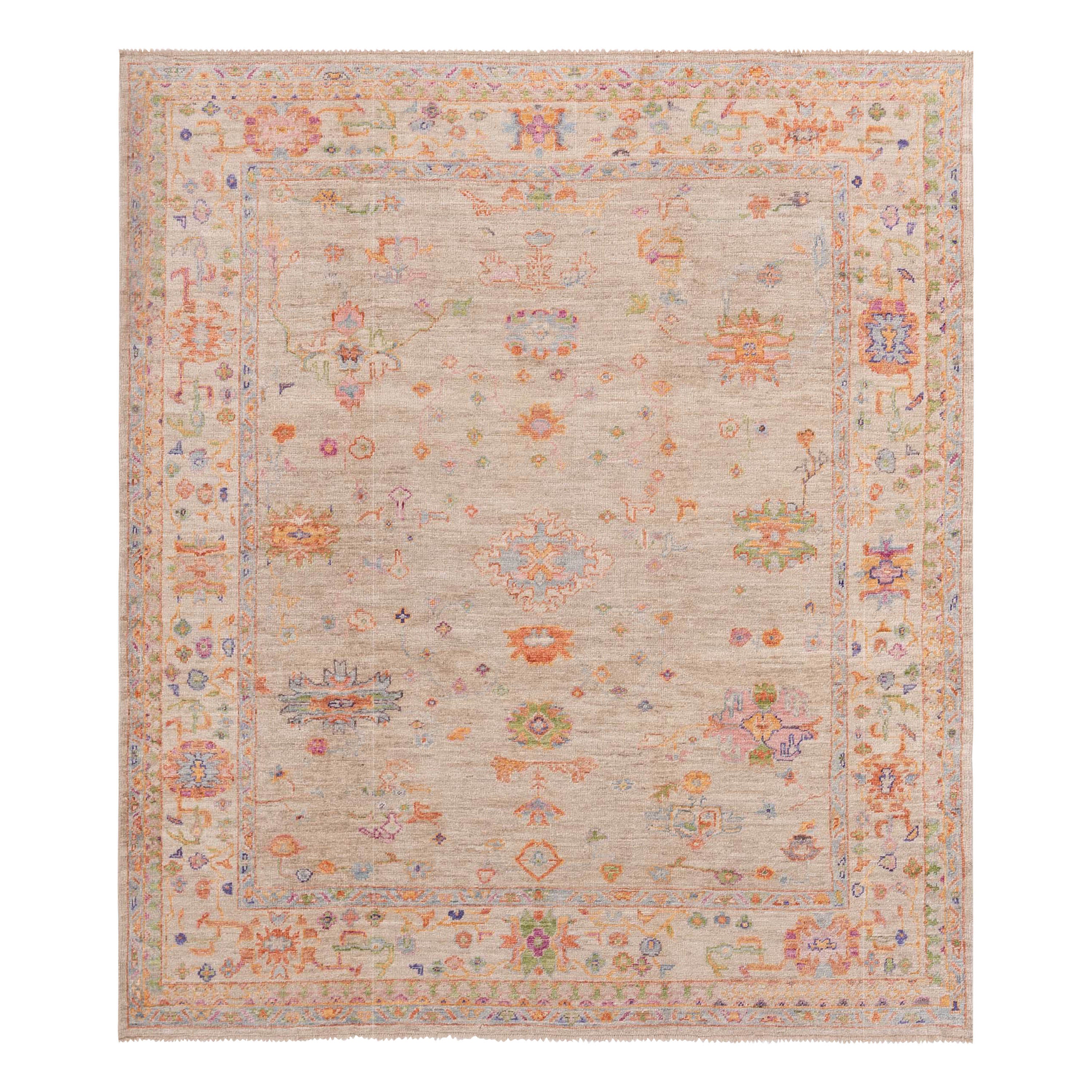 Multicolored Traditional Turkish Oushak Wool Rug - 7'11" x 9'3"