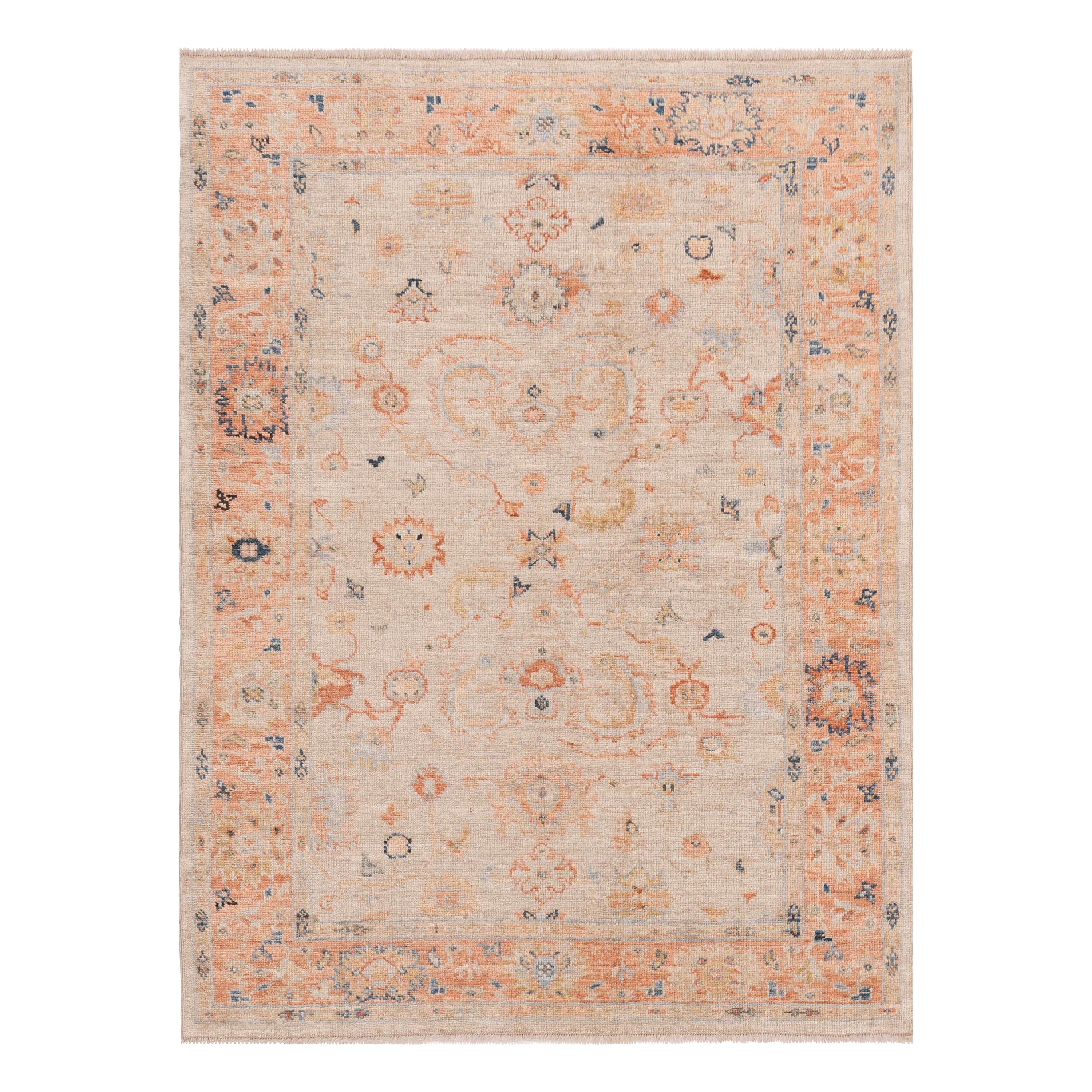 Beige & Orange Traditional Turkish Oushak Wool Rug - 4'11" x 6'8"