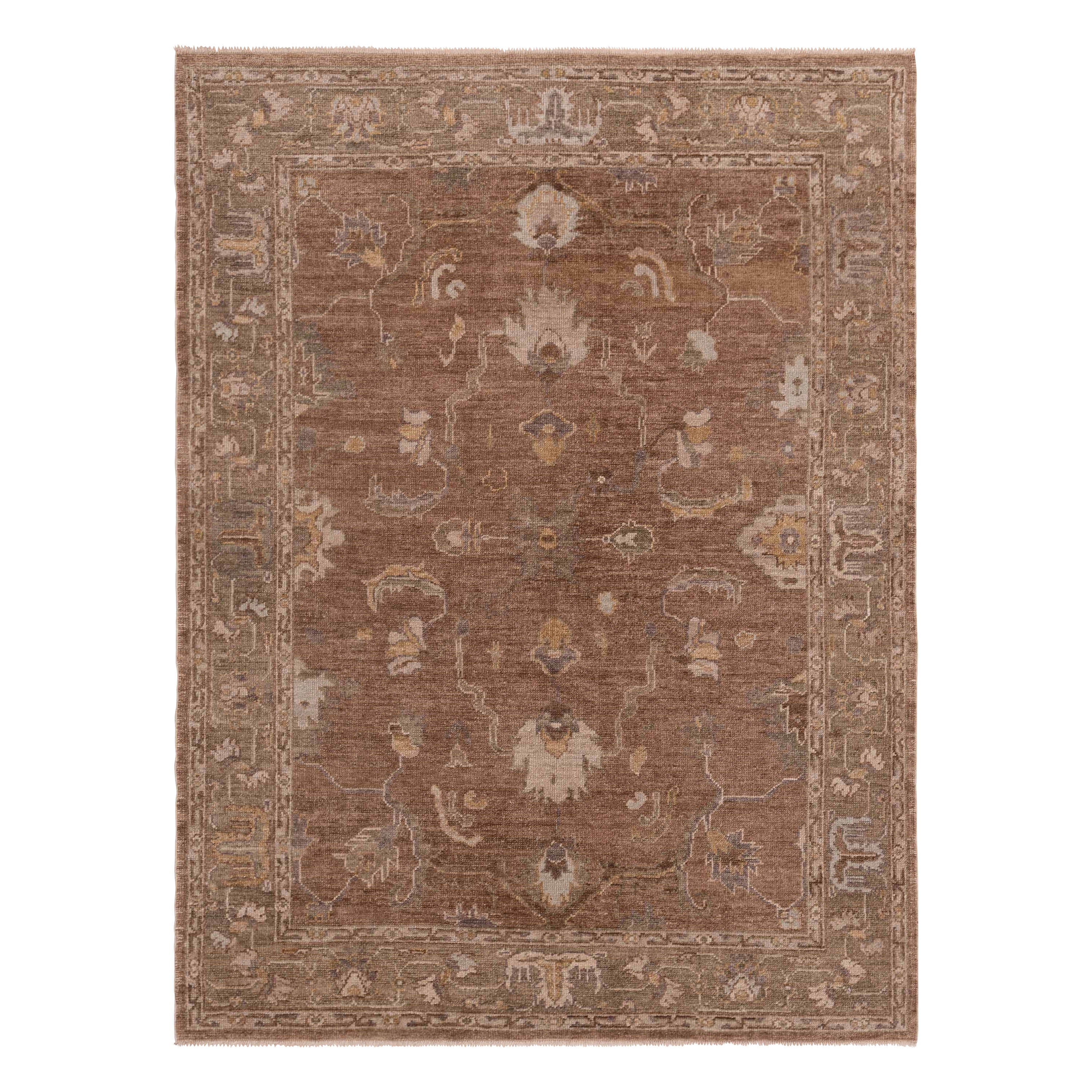 Brown Traditional Turkish Oushak Wool Rug - 6' x 9'