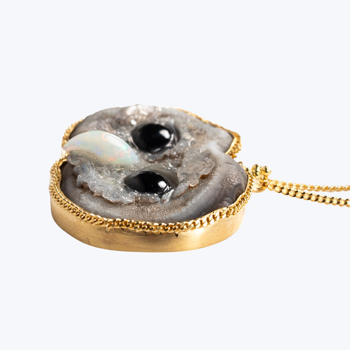 Sand Rose, Onyx Eyes, Opal Beak 18k One of a Kind Necklace