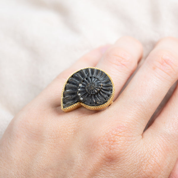 Small Pyritized Ammonite Negative 18k One of a Kind Ring (1)