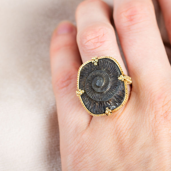 Large Pyritized Ammonite Negative 18k One of a Kind Ring