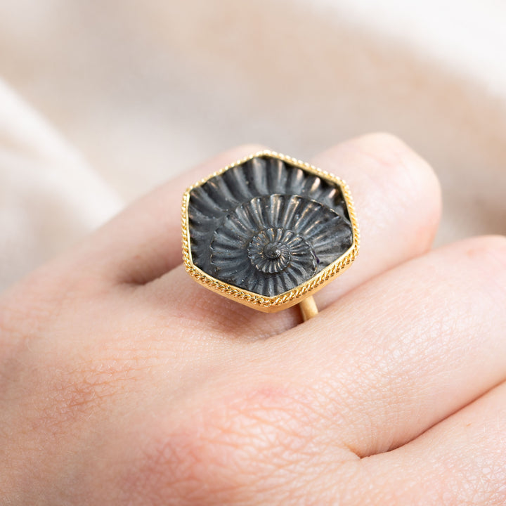 Small Pyritized Ammonite Negative 18k One of a Kind Ring (2)