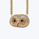 Sand Rose, Mother of Pearl, Onyx, Grey Diamond 18k One of a Kind Owl Necklace