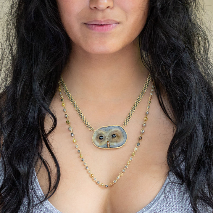 Sand Rose, Mother of Pearl, Onyx, Grey Diamond 18k One of a Kind Owl Necklace