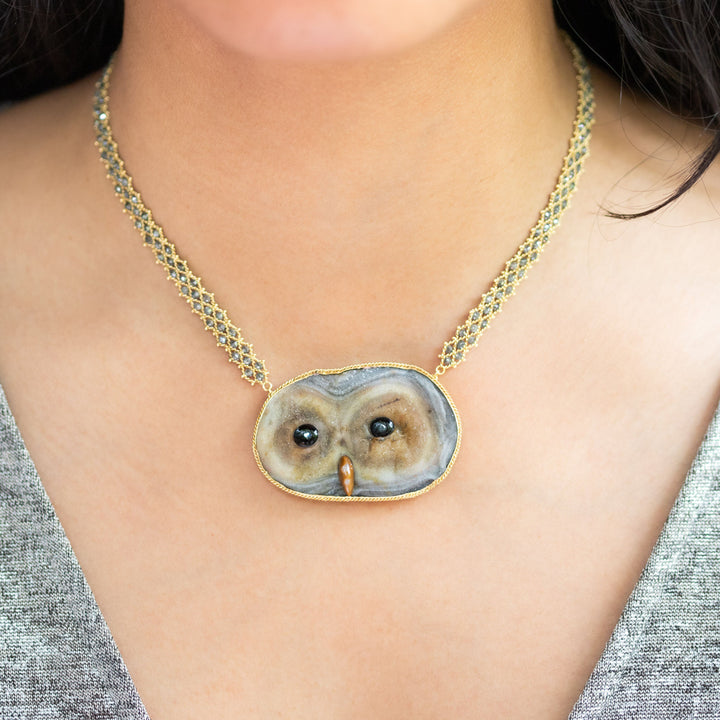 Sand Rose, Mother of Pearl, Onyx, Grey Diamond 18k One of a Kind Owl Necklace
