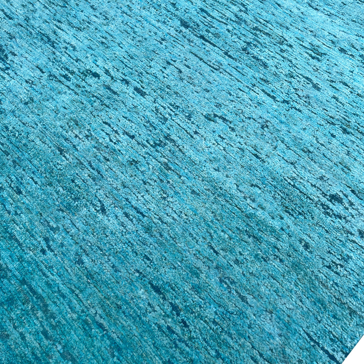 Blue Solid Textured Wool Silk Blend Rug - 6' x 9'