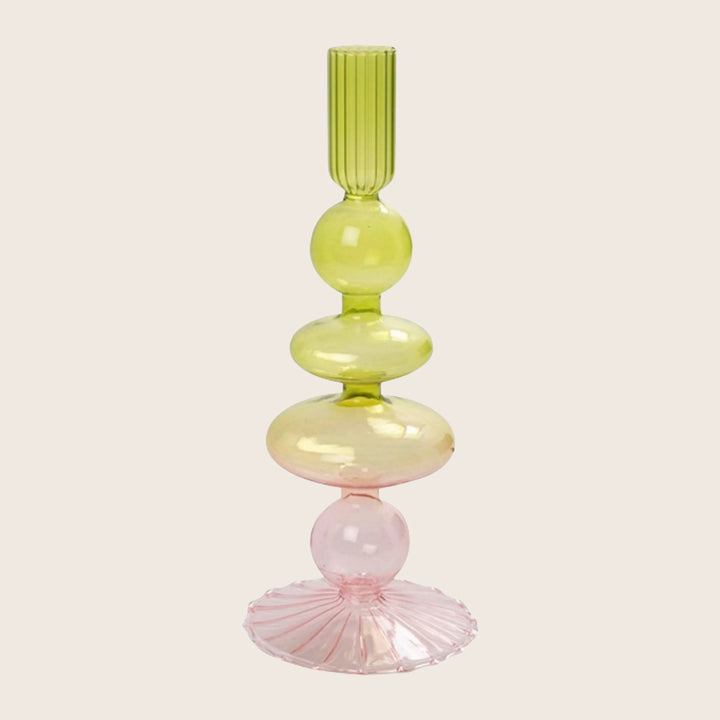 Short Ombré Ornamental Glass Candlestick Rosa/Lime