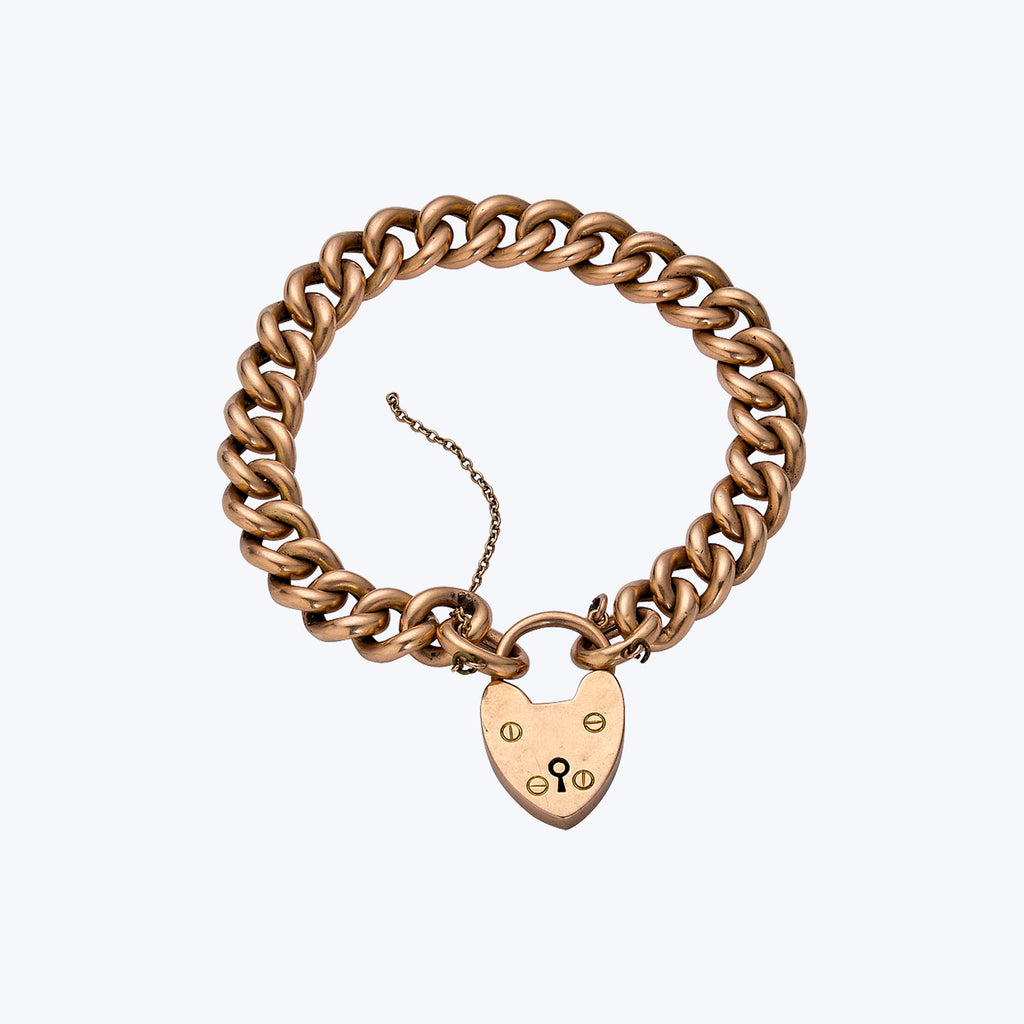 Victorian 15K Rose Gold Curb Link Chain Bracelet with Heart Lock Clasp