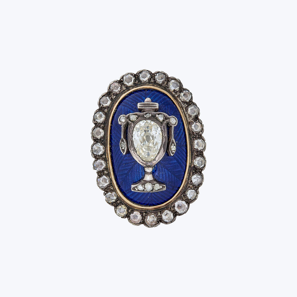 Georgian Silver on 18K Yellow Gold, Diamond and Enamel Urn Motif Ring