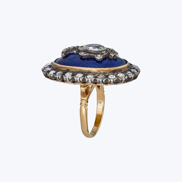 Georgian Silver on 18K Yellow Gold, Diamond and Enamel Urn Motif Ring