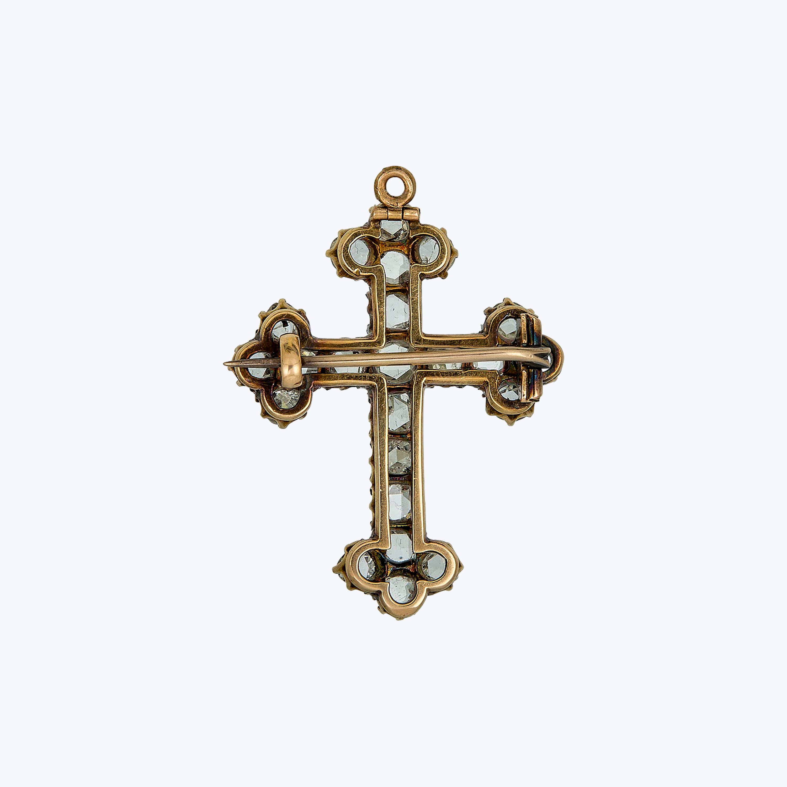 Victorian 15K Yellow Gold Diamond Cross Pendant