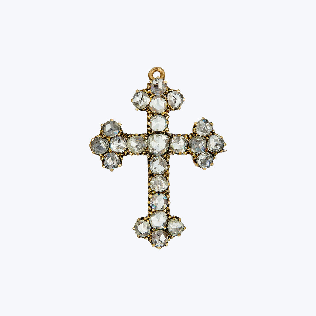 Victorian 15K Yellow Gold Diamond Cross Pendant