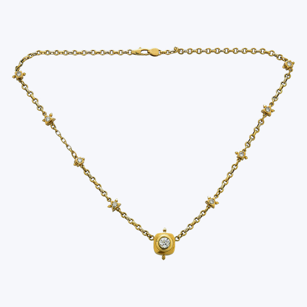 Italian Vintage 18K Yellow Gold Old European Cut Diamond Bezel Necklace