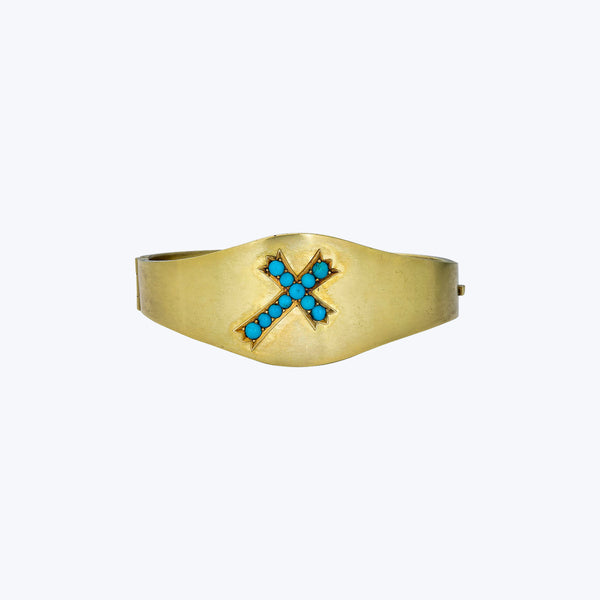 Antique 14K Yellow Gold Hinged Bangle With Turquoise Cross Motif