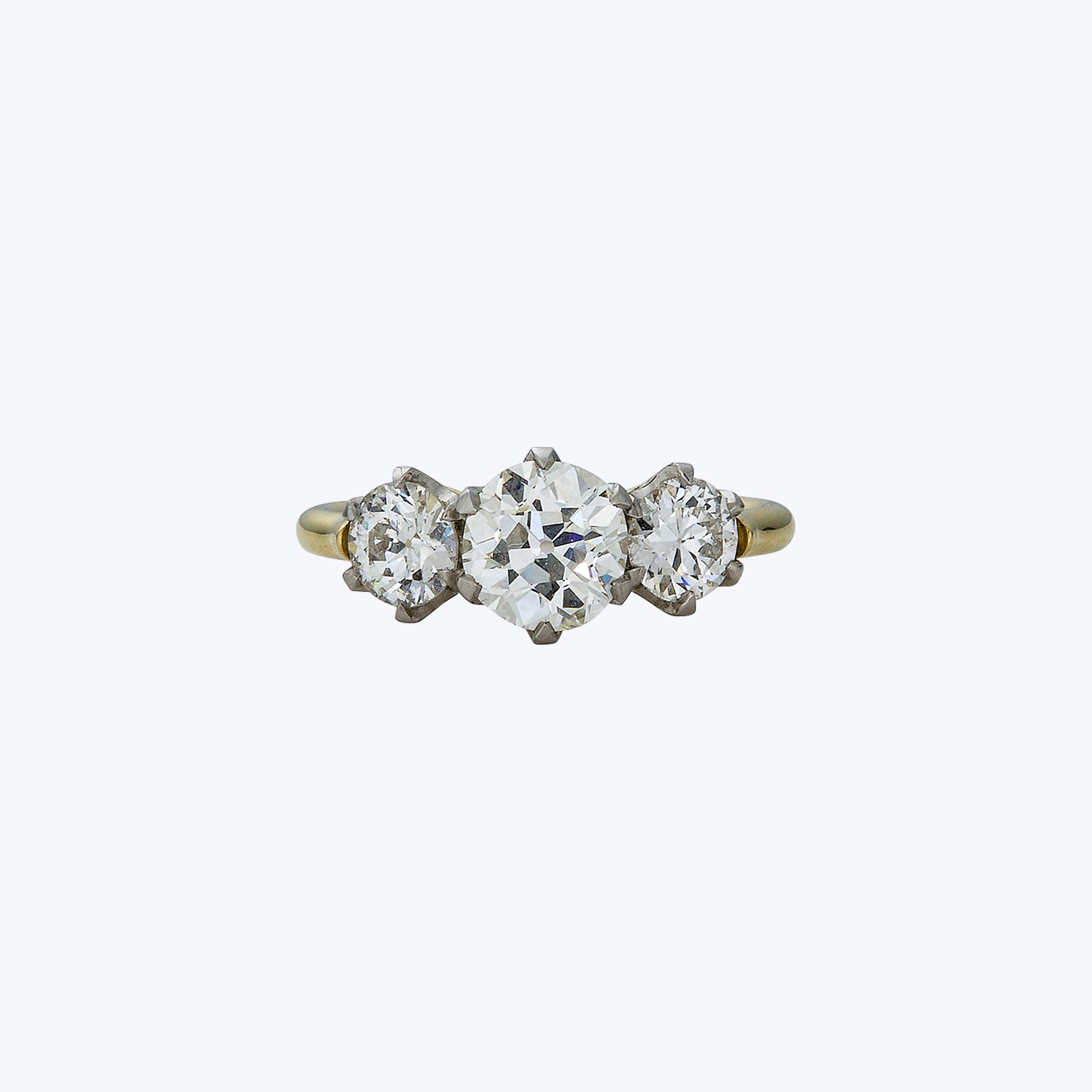 Contemporary 18K Yellow Gold and Platinum Diamond Trilogy Ring