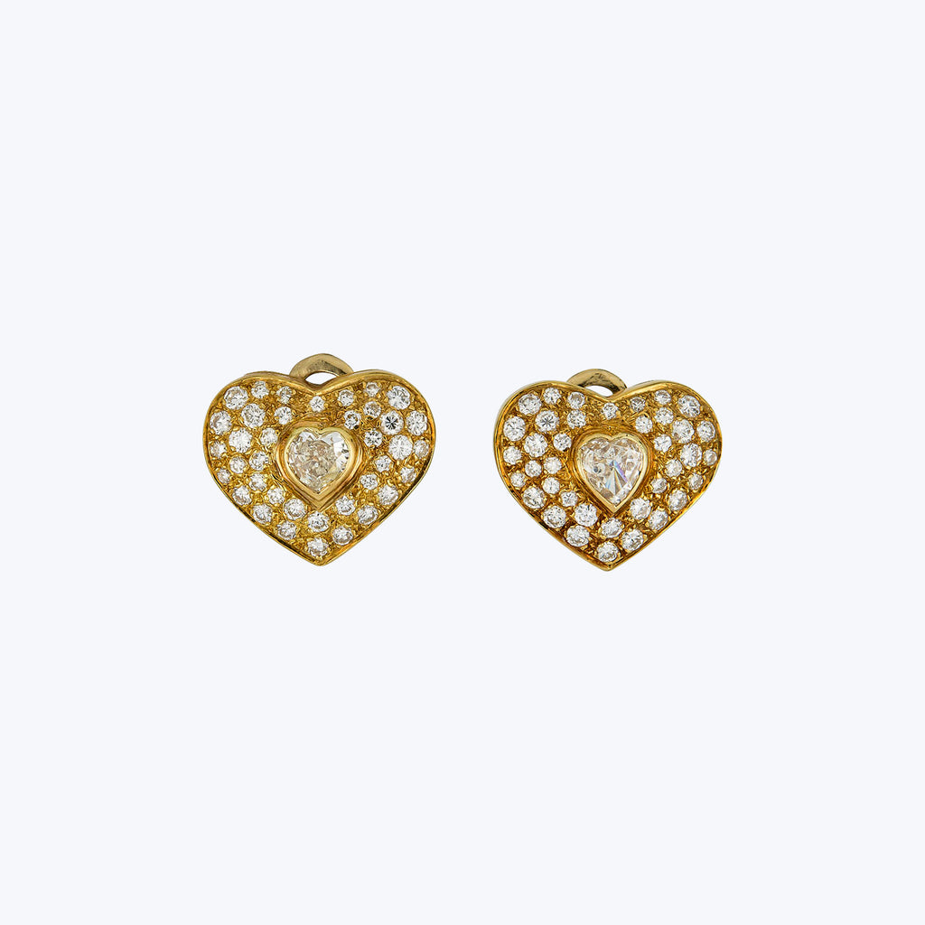 1980s 18K Yellow Gold Diamond Heart Cluster Earrings