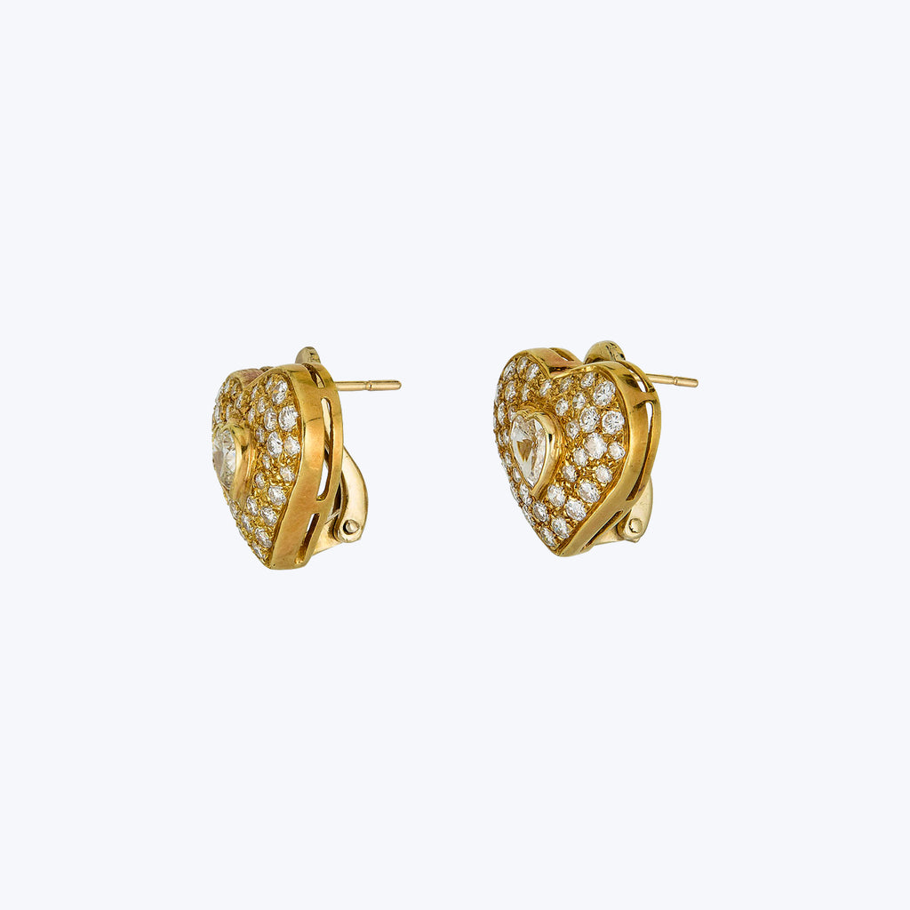 1980s 18K Yellow Gold Diamond Heart Cluster Earrings