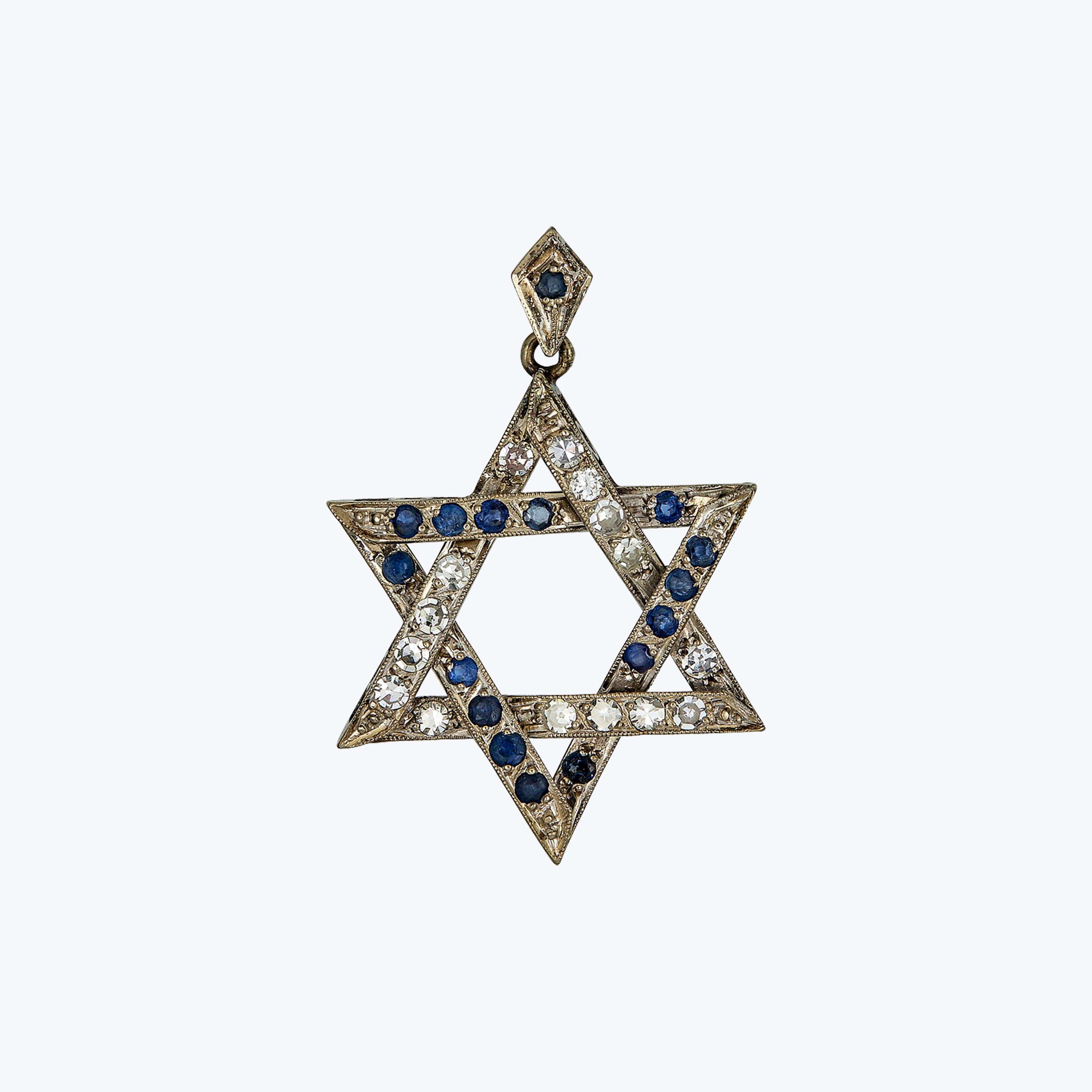 Vintage 18K White Gold Diamond and Sapphire Star of David Pendant