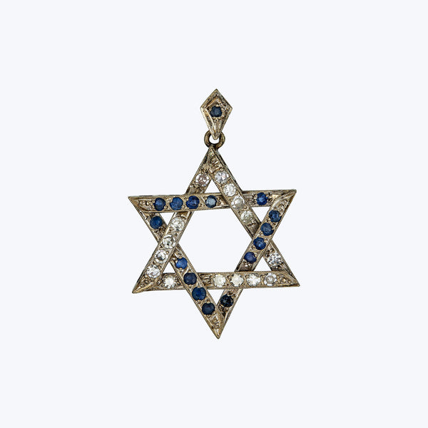 Vintage 18K White Gold Diamond and Sapphire Star of David Pendant