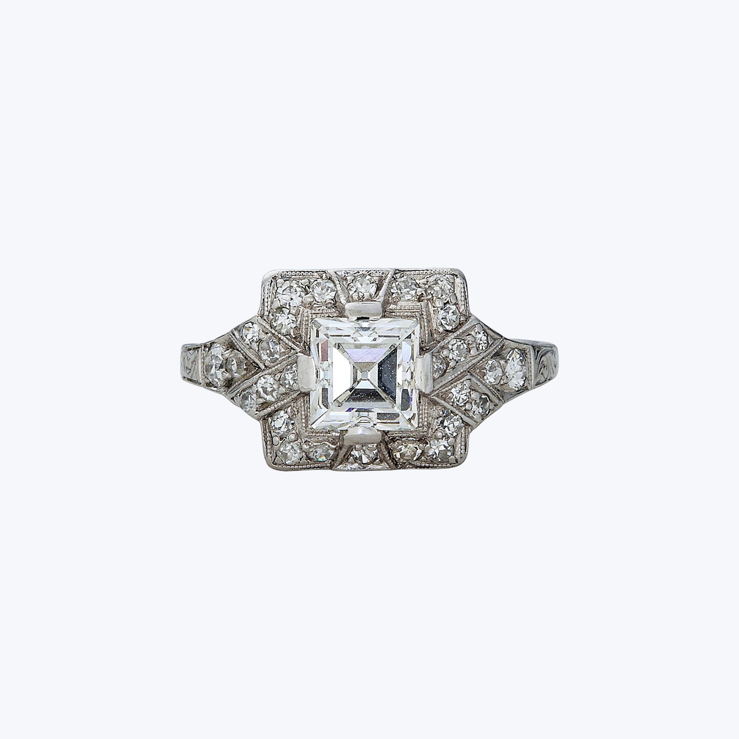 Art Deco Platinum French Cut Halo Ring