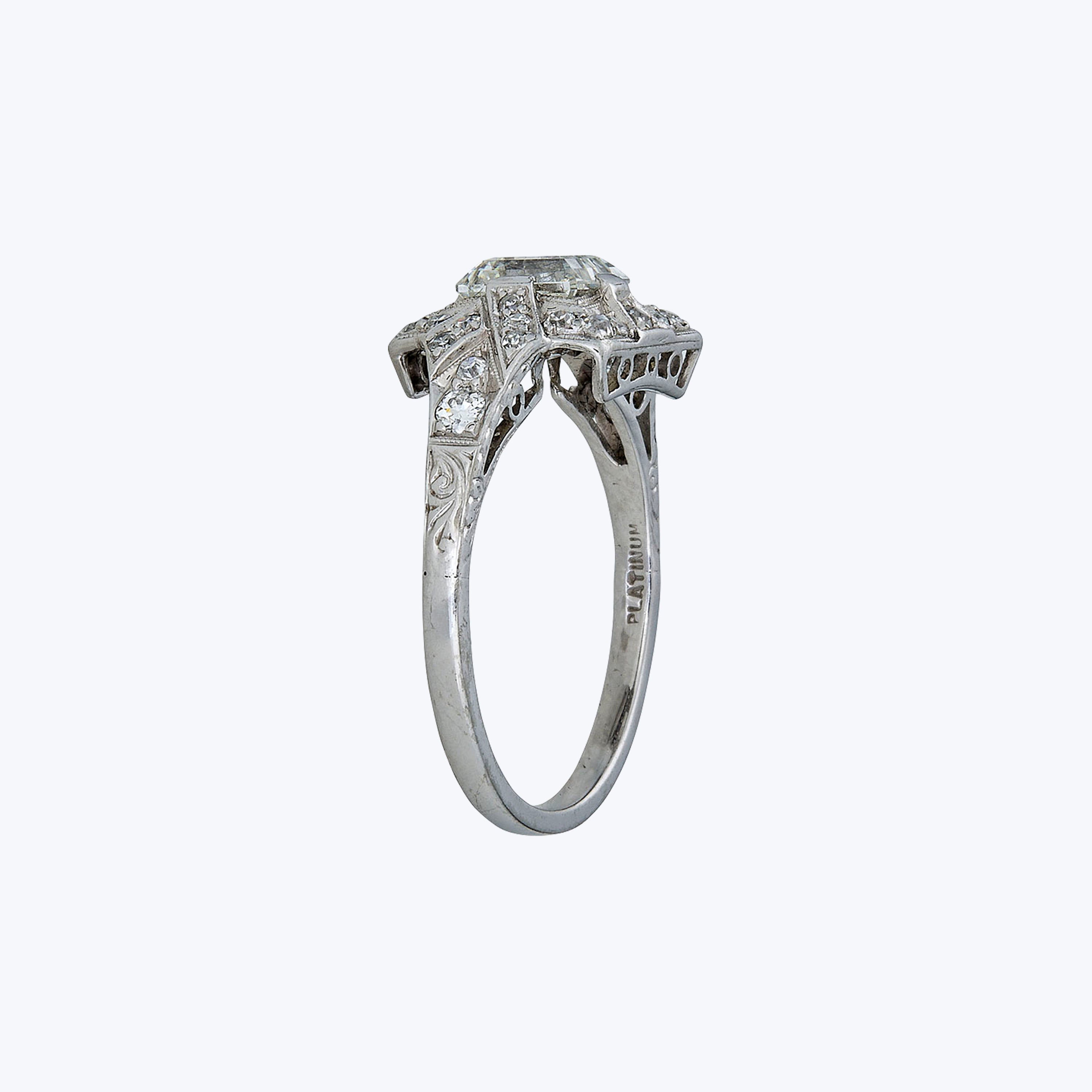 Art Deco Platinum French Cut Halo Ring