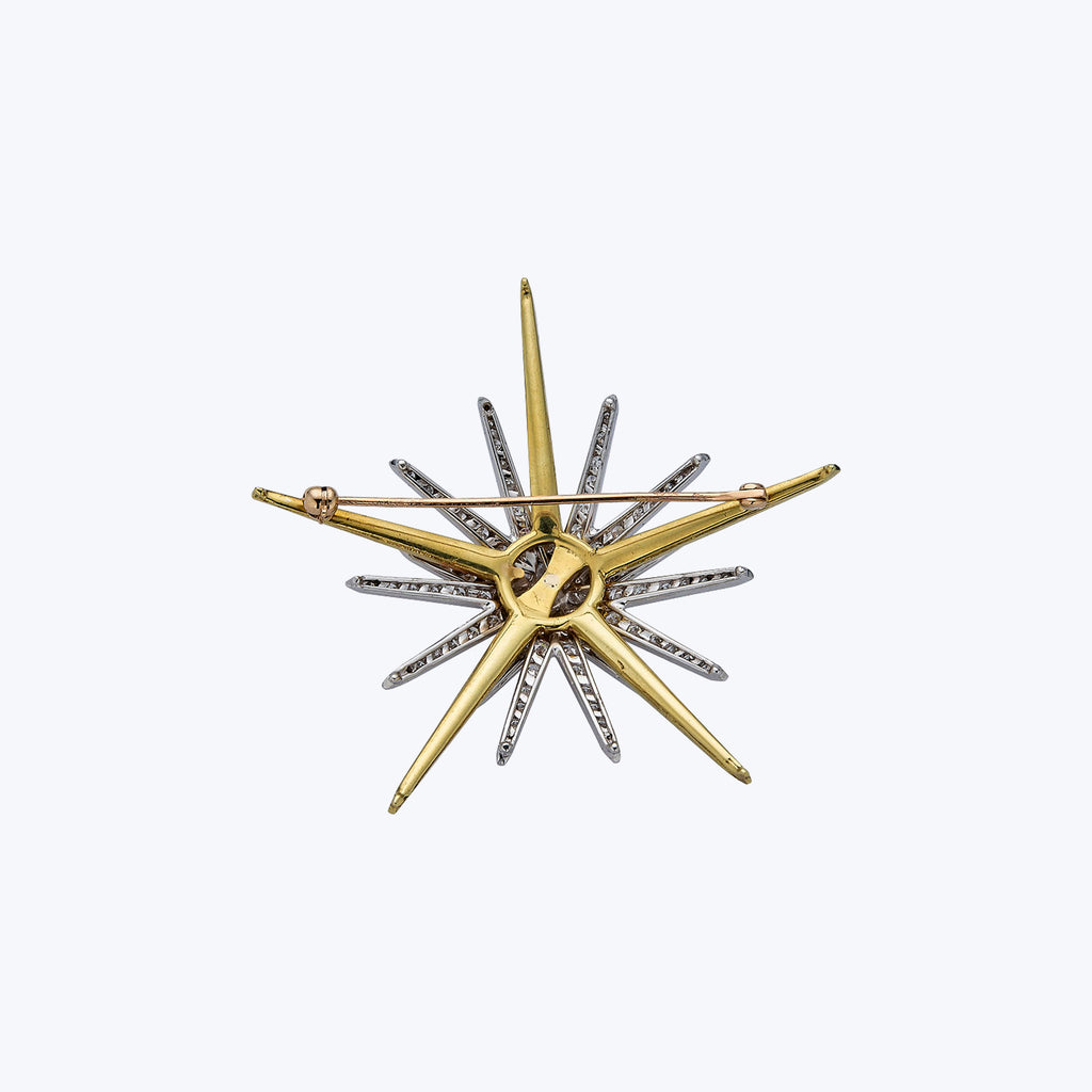 Vintage 18K Yellow Gold and 14K White Gold Sunburst Brooch