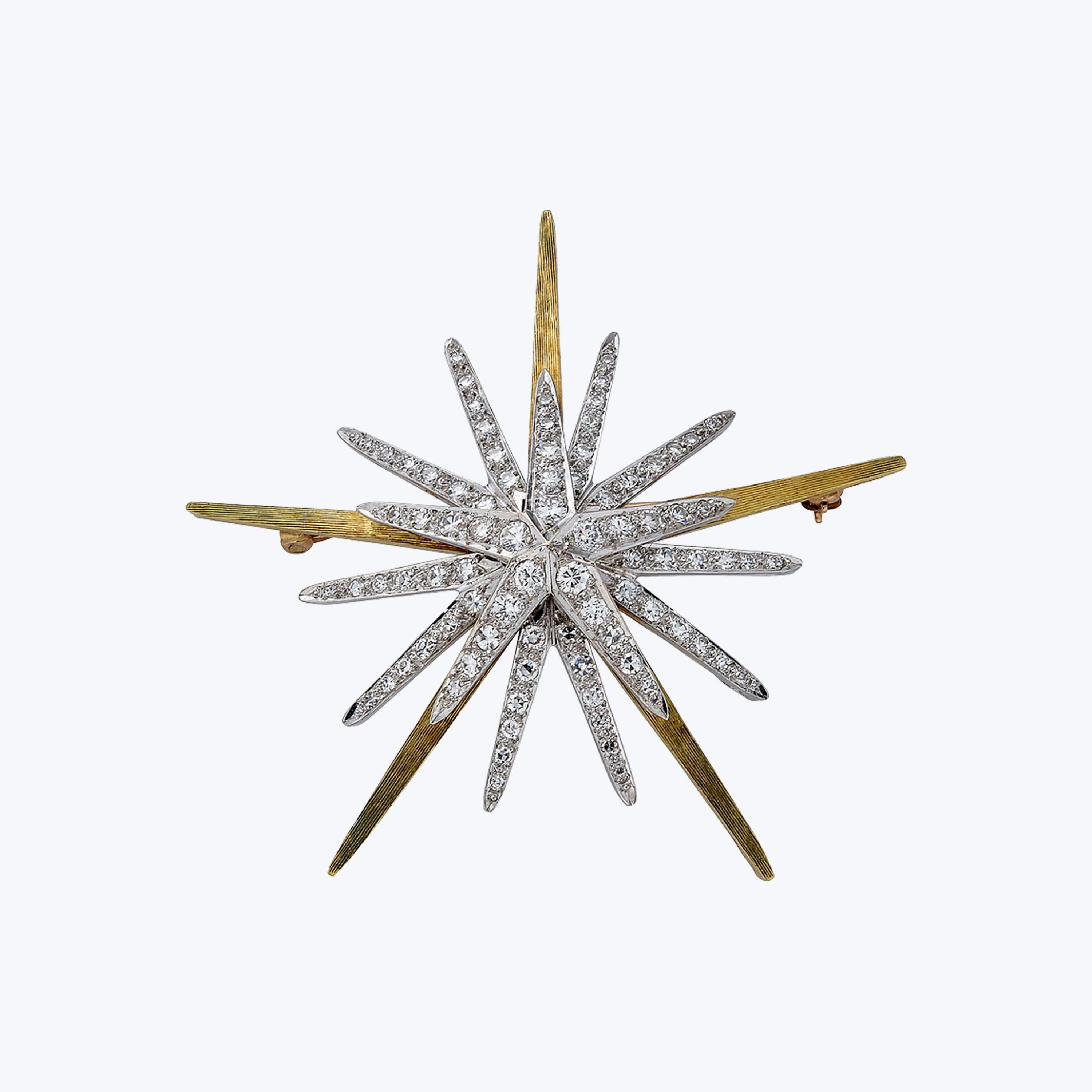 Vintage 18K Yellow Gold and 14K White Gold Sunburst Brooch