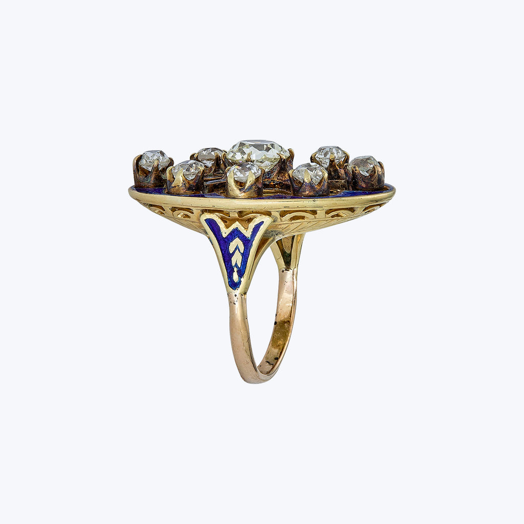 Victorian 14K Yellow Gold, Diamond, Enamel Cluster Ring