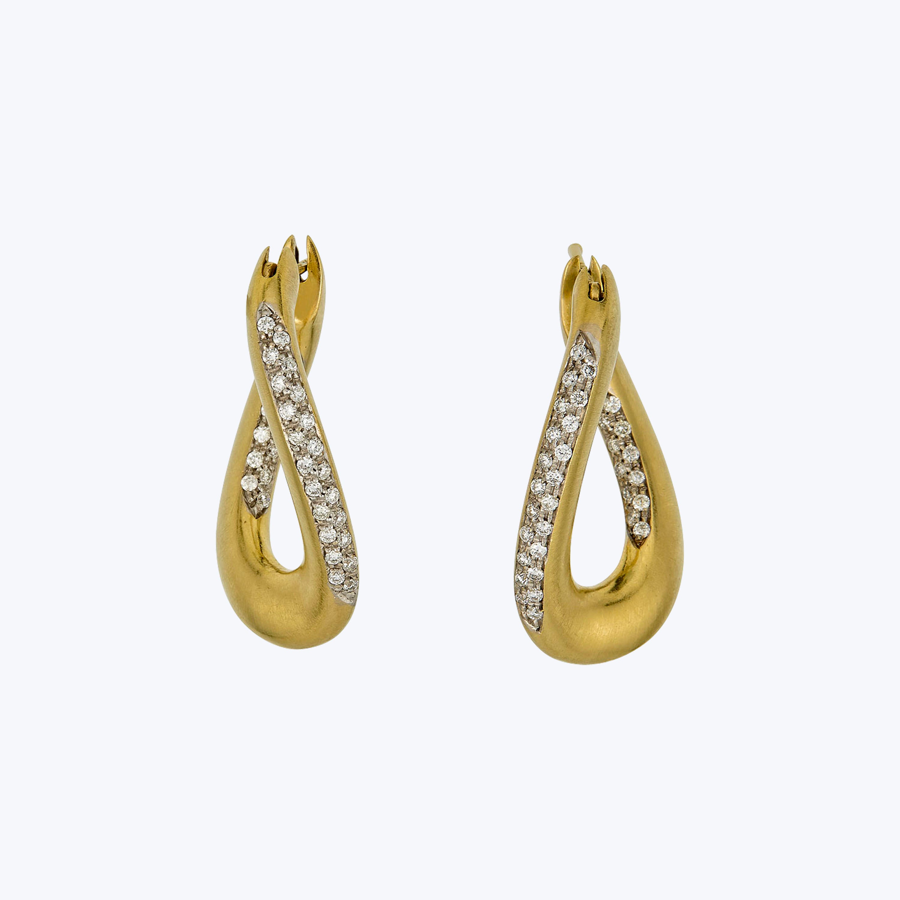 Italian Contemporary 18K Yellow Gold, Diamond and Ruby Wavy Earhoops