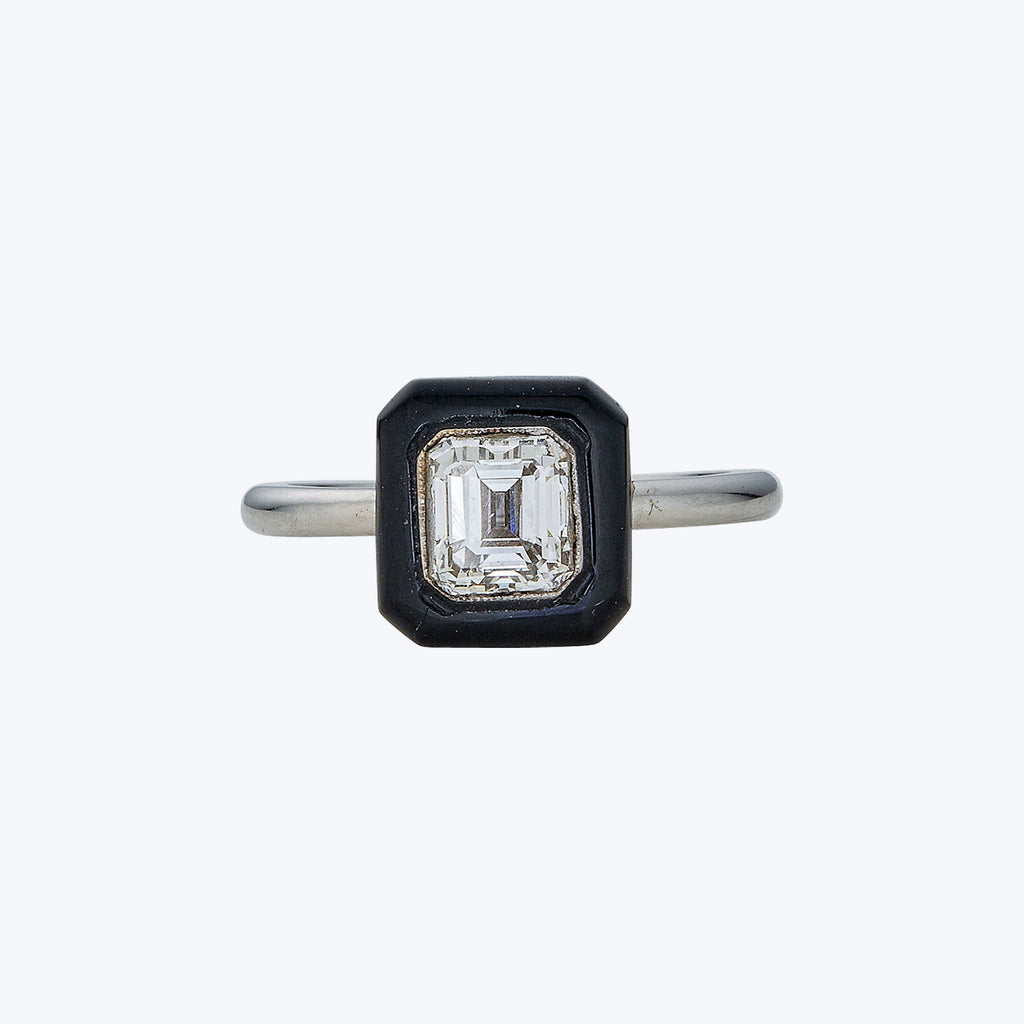 Contemporary 18K White Gold Emerald Cut Diamond Onyx Ring