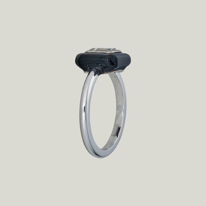 Contemporary 18K White Gold Emerald Cut Diamond Onyx Ring