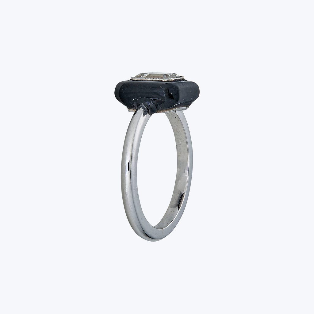 Contemporary 18K White Gold Emerald Cut Diamond Onyx Ring