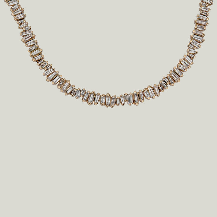 14K Yellow Gold "Broken Glass" Baguette Diamond Line Necklace 17"