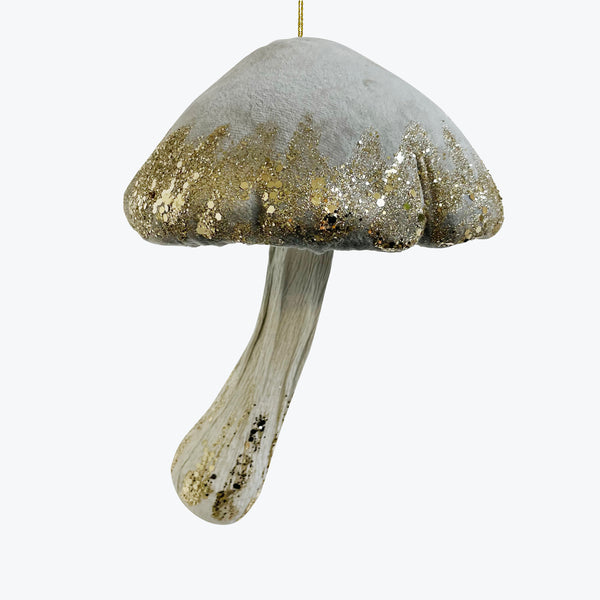 Gray with Gold Glitter Large Velvet Mushroom Ornament