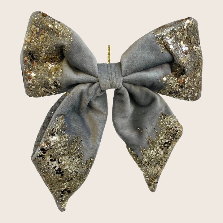 Gray with Gold Glitter Velvet Bow Ornament