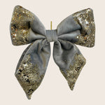 Gray with Gold Glitter Velvet Bow Ornament