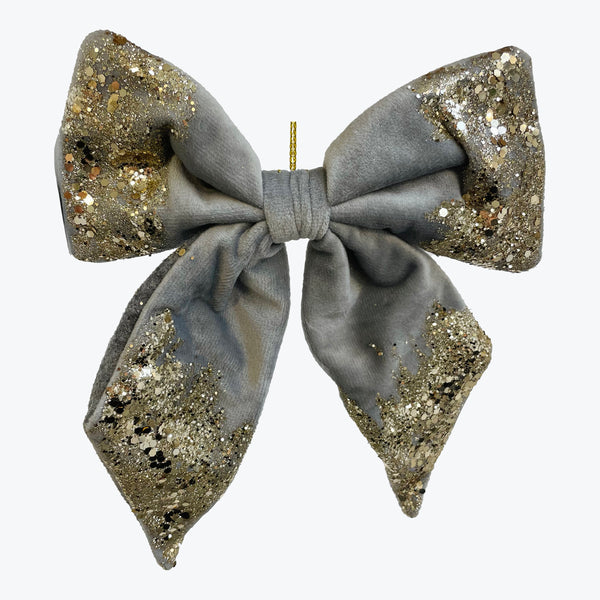 Gray with Gold Glitter Velvet Bow Ornament