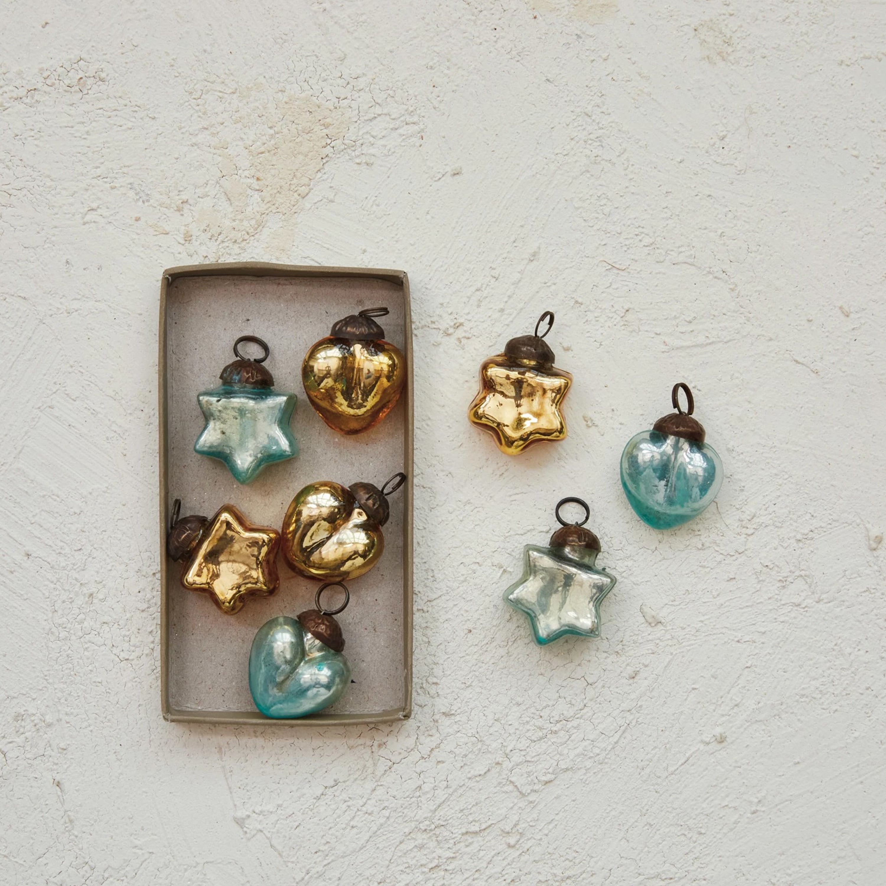 Boxed Set of 8 Recycled Mercury Glass Heart + Star Ornaments