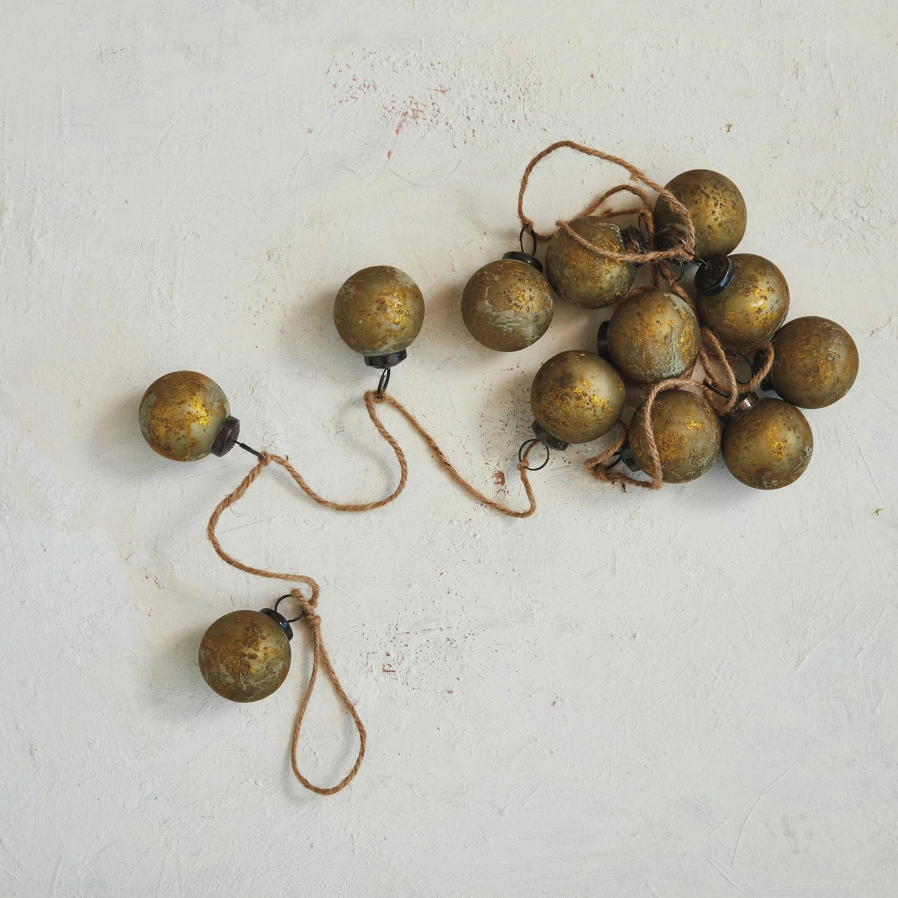 Distressed Matte Olive Green Recycled Glass Ball Ornament Garland