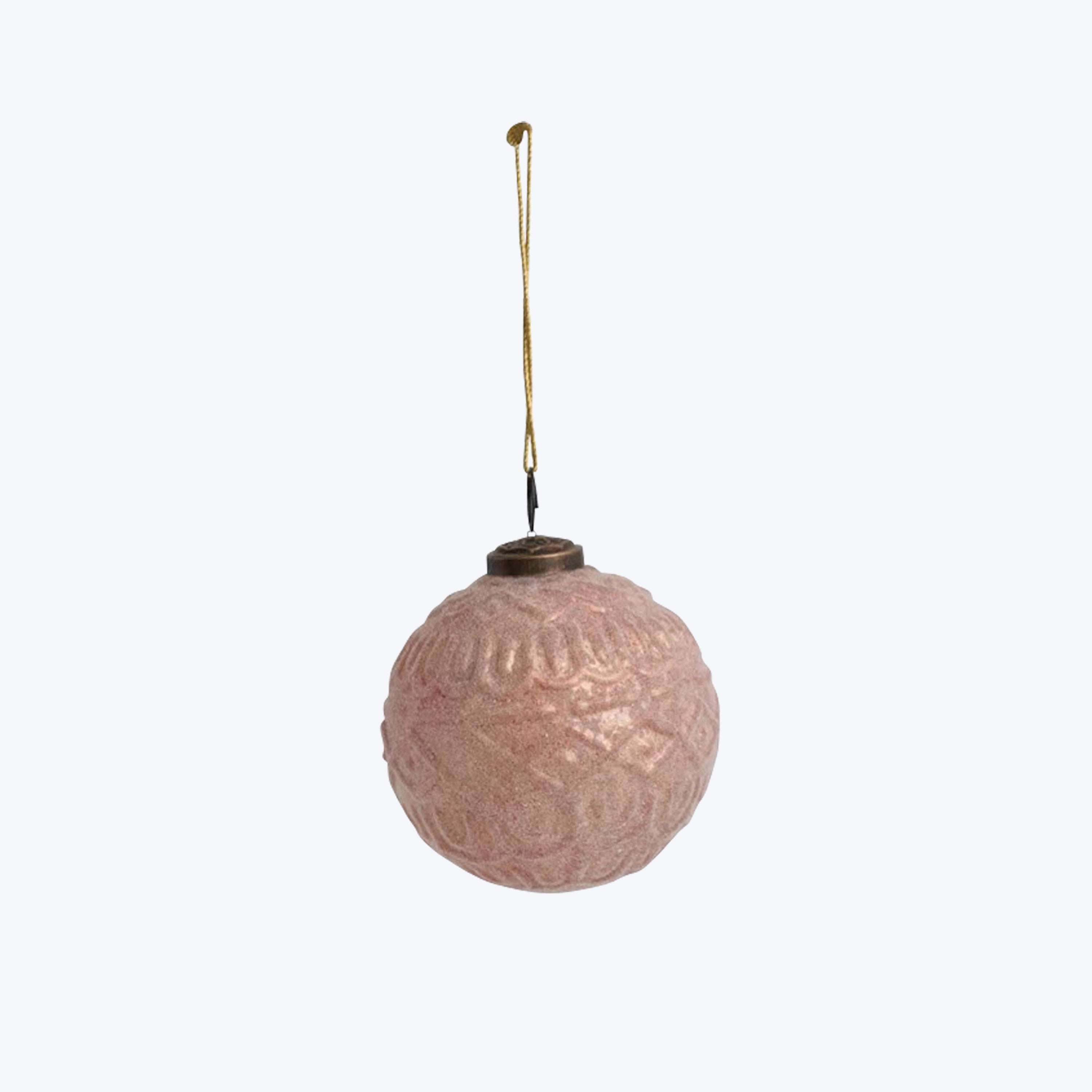 Peach Round Embossed Flocked Glass Ball Ornament Detailed