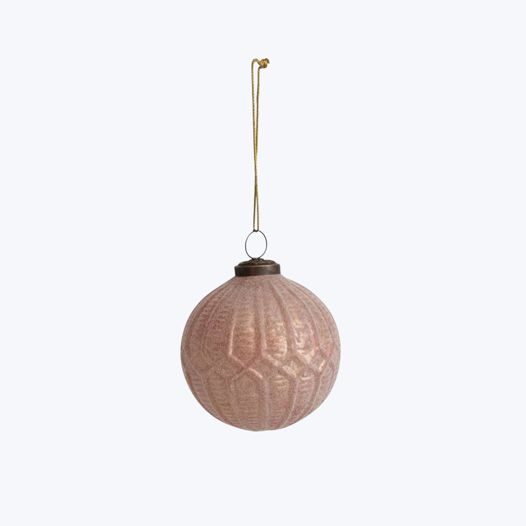 Peach Round Embossed Flocked Glass Ball Ornament Plain