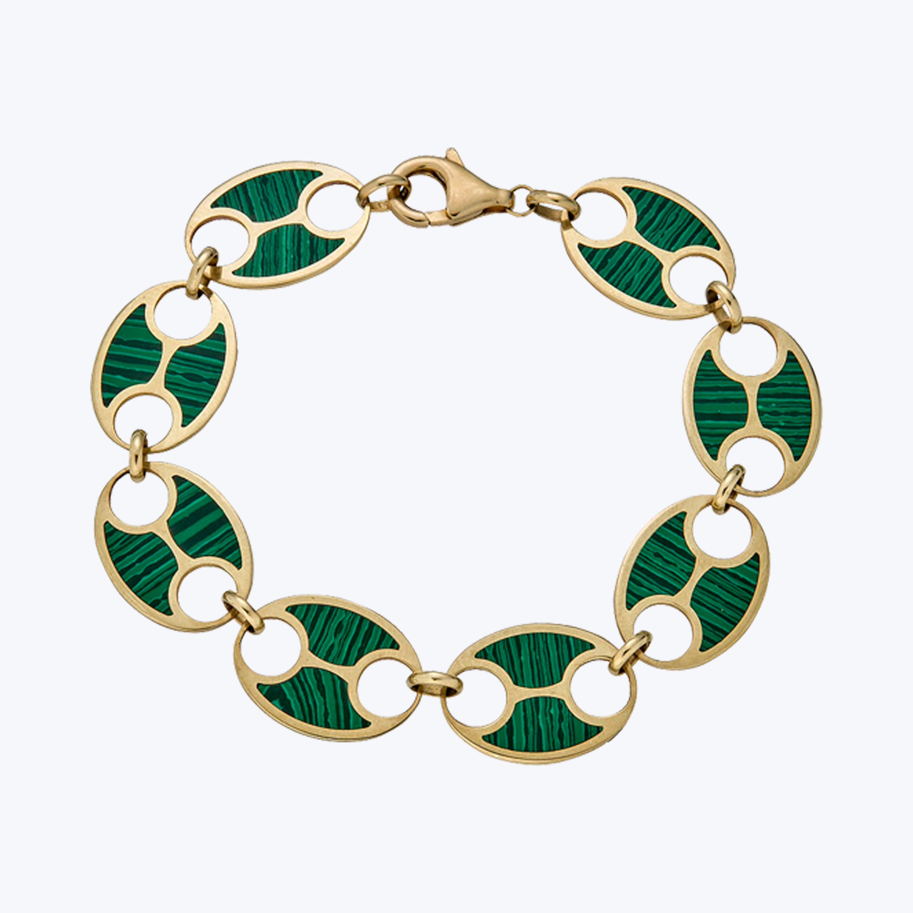 14K Yellow Gold Flat Link Malachite Bracelet