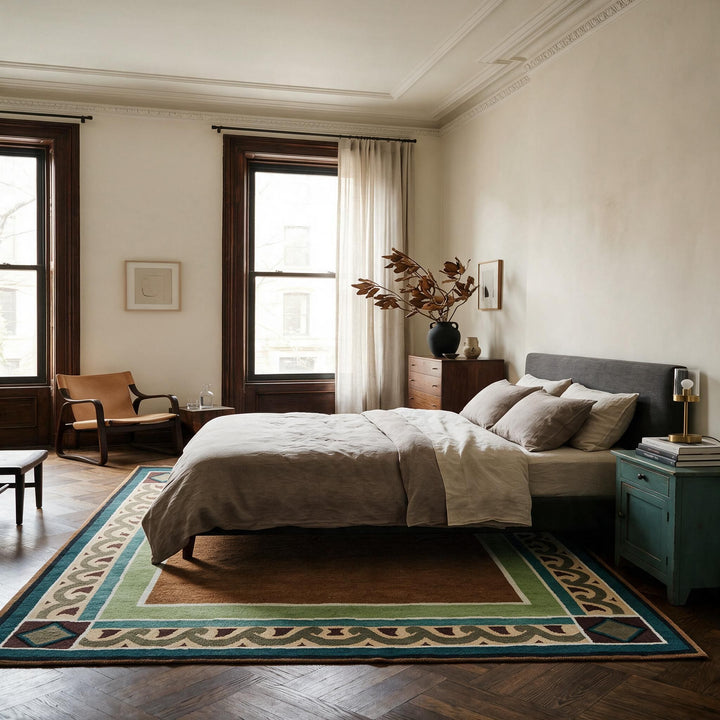 Green + Brown Traditional Wool Rug - 8' x 8'5"